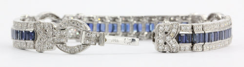 Antique Art Deco 18K White Gold Diamond & Sapphire Tennis Bracelet - Queen May