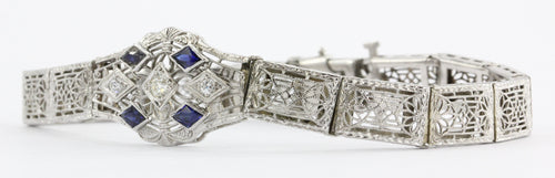 Antique Art Nouveau 14K White Gold Old Mine Cut Diamond & Sapphire Bracelet - Queen May