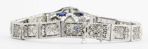 Antique Art Nouveau 14K White Gold Old Mine Cut Diamond & Sapphire Bracelet - Queen May