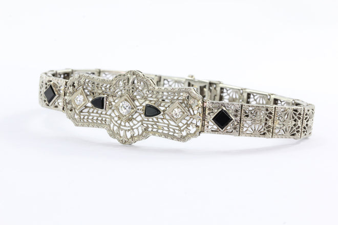 Antique 18K Gold Art Deco Diamond & Onyx Bracelet - Queen May