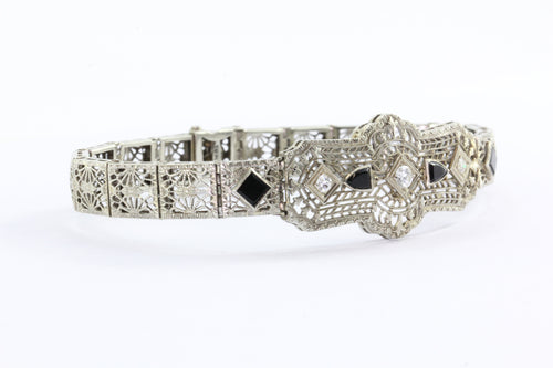 Antique 18K Gold Art Deco Diamond & Onyx Bracelet - Queen May