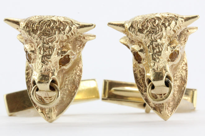 Antique Signed Schira Bros 14K Gold Bull Market Cuff Links - Queen May