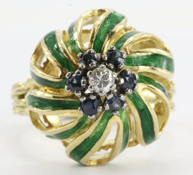 Antique Art Nouveau 18K Gold Enamel Sapphire & Diamond Floral / Flower Ring - Queen May