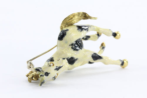Vintage 18k Gold Enamel & Diamond Paint Horse Figural Heavy Brooch / Pin Signed - Queen May