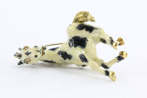 Vintage 18k Gold Enamel & Diamond Paint Horse Figural Heavy Brooch / Pin Signed - Queen May