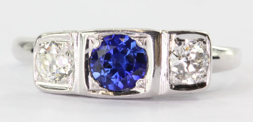 Antique 14K White Gold Old European Diamond & Sapphire Engagement Ring - Queen May