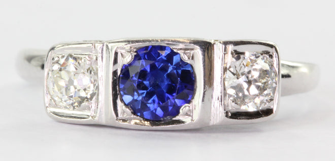 Antique 14K White Gold Old European Diamond & Sapphire Engagement Ring - Queen May