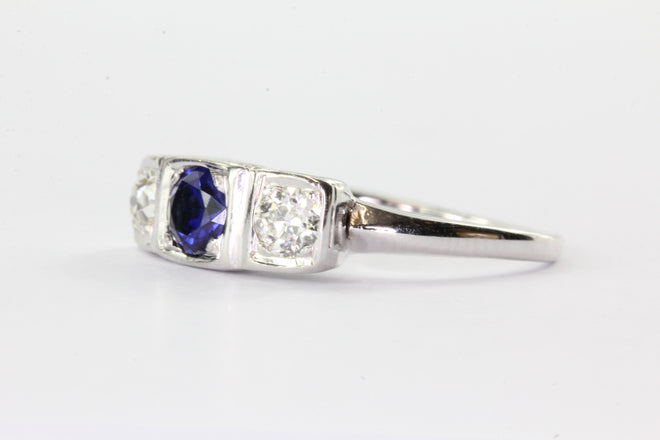 Antique 14K White Gold Old European Diamond & Sapphire Engagement Ring - Queen May