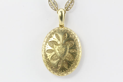 Victorian Gothic Revival 18K Oval Locket & Filigree Necklace c.1890 - Queen May
