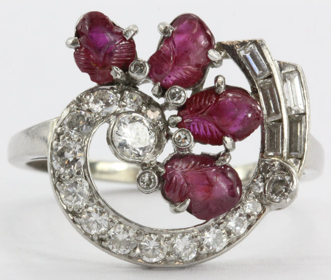 Antique Art-Deco Tutti Fruity Style Carved Ruby Platinum & Diamond Ring - Queen May