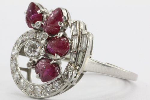 Antique Art-Deco Tutti Fruity Style Carved Ruby Platinum & Diamond Ring - Queen May
