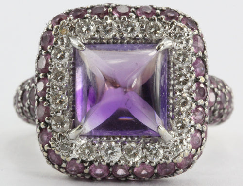 Estate 18k White Gold Amethyst, Diamond, & Pink Sapphire Chunky Ring - Queen May