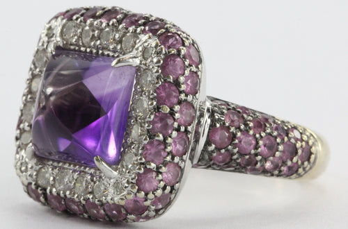 Estate 18k White Gold Amethyst, Diamond, & Pink Sapphire Chunky Ring - Queen May