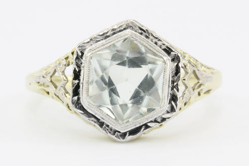 Art Deco 14K Gold Aquamarine Filigree Ring c.1930's - Queen May