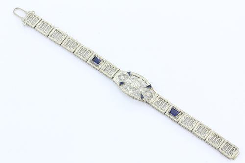Antique Art Deco 14K White Gold Diamond & Sapphire Otsby & Barton Bracelet - Queen May