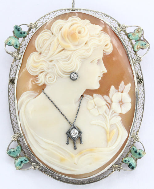 Antique Art Nouveau 14K White Gold Habille Diamond Enamel Butterfly Cameo - Queen May