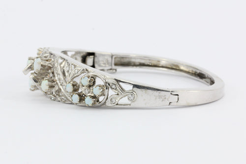 Retro 14K White Gold Diamond & Opal Bangle Bracelet c.1940's - Queen May
