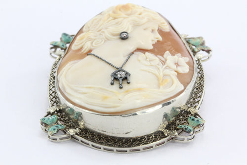 Antique Art Nouveau 14K White Gold Habille Diamond Enamel Butterfly Cameo - Queen May