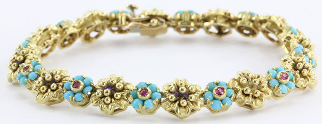 Vintage 18k Gold Persian Turquoise Genuine Ruby Floral Motif Bracelet Italy - Queen May