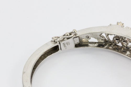 Retro 14K White Gold Diamond & Opal Bangle Bracelet c.1940's - Queen May