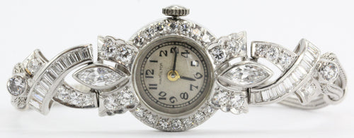 Antique Art Deco Platinum 2.5 Carat Total Weight Diamond Hamilton watch with 14k woven gold bracelet - Queen May