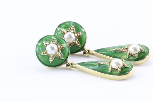 Victorian Green Enamel Pearl 14K Gold Drop Earrings - Queen May