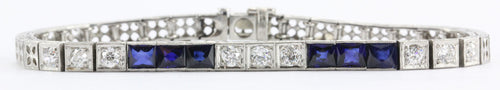 Antique Art Deco Platinum Old Mine Diamond & Sapphire Tennis Bracelet - Queen May