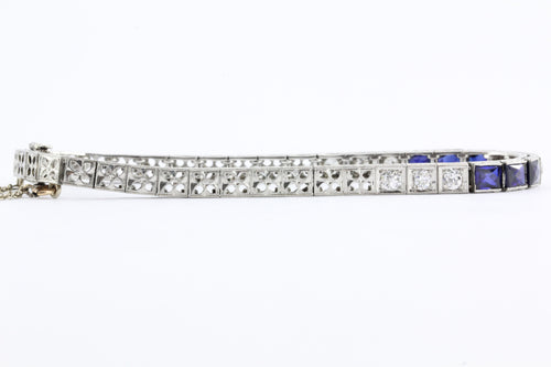 Antique Art Deco Platinum Old Mine Diamond & Sapphire Tennis Bracelet - Queen May