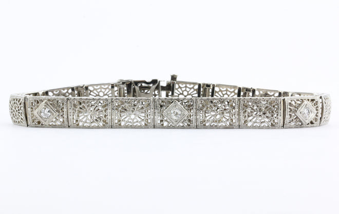 Antique Art Deco 14K White Gold & Old Mine Diamond Bracelet .50 TCW - Queen May