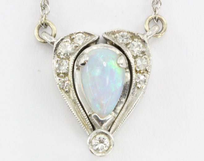 Antique Art Deco 14K White Gold Diamond & Opal Convertible Necklace - Queen May