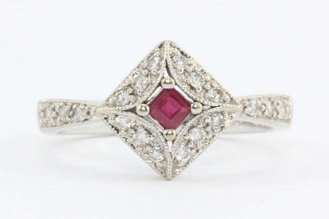 14K White Gold Ruby Diamond Ring - Queen May