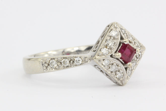 14K White Gold Ruby Diamond Ring - Queen May