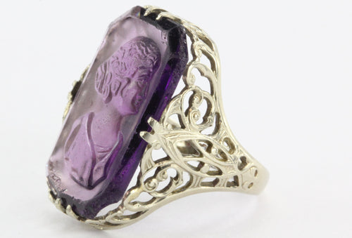 Antique Victorian 14K White Gold Purple Amethyst Glass Cameo Ring - Queen May