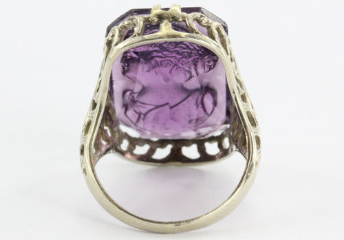 Antique Victorian 14K White Gold Purple Amethyst Glass Cameo Ring - Queen May