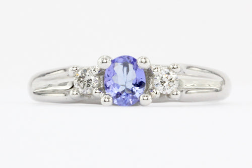 10K White Gold Tanzanite & Diamond 3 Stone Ring - Queen May