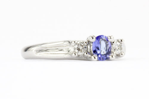 10K White Gold Tanzanite & Diamond 3 Stone Ring - Queen May