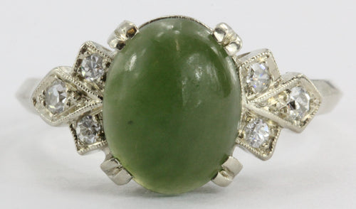 Antique Empire Art Deco 14K White Gold Green Chrysoprase & Diamond Ring - Queen May