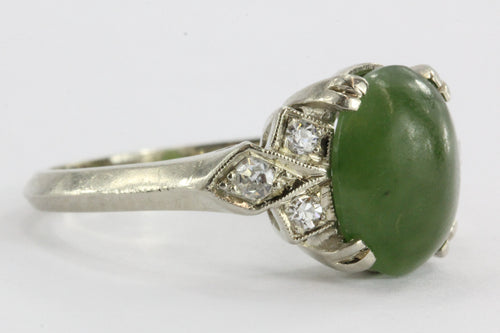 Antique Empire Art Deco 14K White Gold Green Chrysoprase & Diamond Ring - Queen May