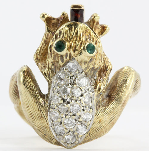 Vintage 14K Gold Diamond & Garnet Whimsical Frog Ring w/ Garnet Tongue - Queen May