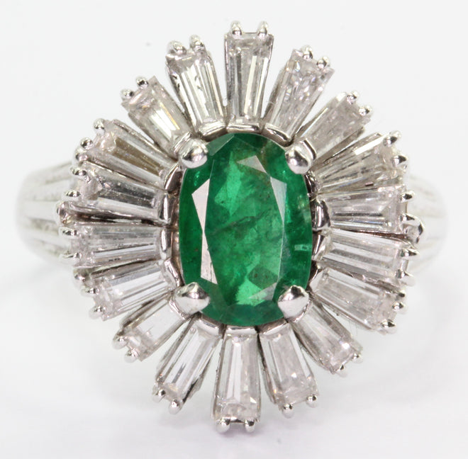 Vintage 14K White Gold Emerald & Diamond 1.2 CTW Retro Starburst Ring - Queen May