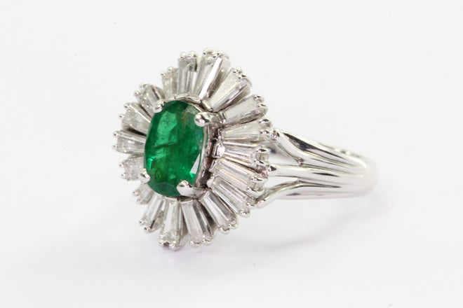 Vintage 14K White Gold Emerald & Diamond 1.2 CTW Retro Starburst Ring - Queen May