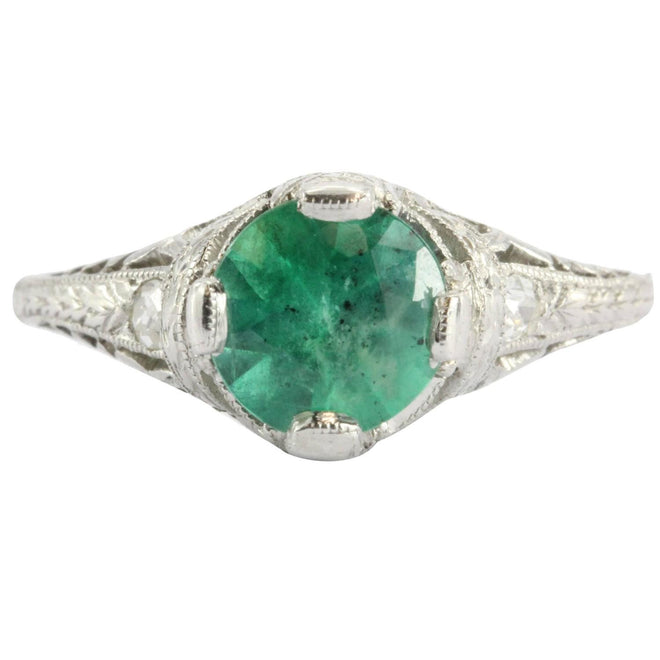 Antique Art Deco Platinum 1.15 Carat Emerald & Diamond Accent Engagement Ring - Queen May