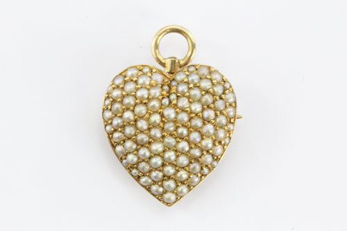 Antique Art Nouveau 14K Gold & Seed Pearl Studded Heart Pendant, Pin Hallmarked - Queen May