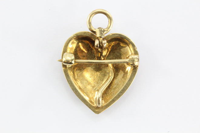 Antique Art Nouveau 14K Gold & Seed Pearl Studded Heart Pendant, Pin Hallmarked - Queen May