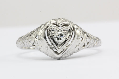 Art Deco Heart Set 18k White Gold Old European Cut Diamond Engagement Ring - Queen May