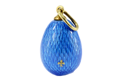 Soviet Era Russian 18K Yellow Gold Blue Guilloche Enamel Egg Pendant - Queen May