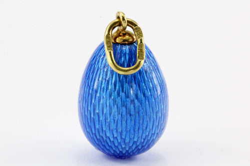 Soviet Era Russian 18K Yellow Gold Blue Guilloche Enamel Egg Pendant - Queen May