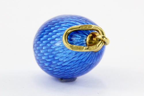 Soviet Era Russian 18K Yellow Gold Blue Guilloche Enamel Egg Pendant - Queen May