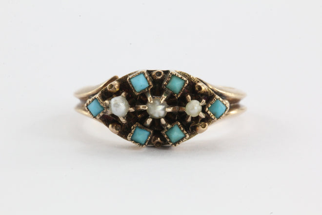 Victorian 9ct gold Seed Pearl & Persian Turquoise Ring - Queen May