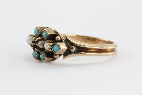Victorian 9ct gold Seed Pearl & Persian Turquoise Ring - Queen May